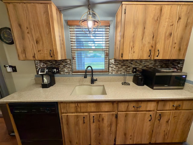 13180 Lawrence St, Spring Hill, FL 34609 - kitchen featuring stainless steel microwave, a sink, black dishwasher, decorative backsplash, and brown cabinetry