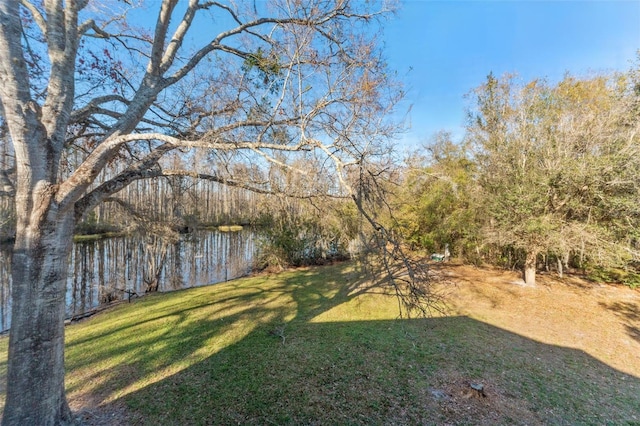 view of grassy yard featuring a water view