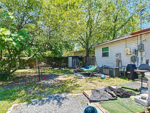 fenced backyard featuring central air condition unit