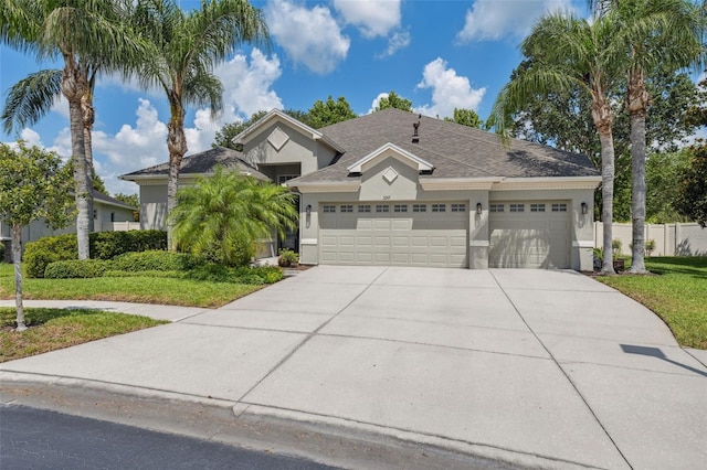 3243 Stonegate Falls Dr, Land O Lakes, FL 34638 - view of front facade featuring stucco siding, driveway, a garage, and a shingled roof