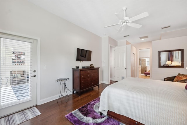 3243 Stonegate Falls Dr, Land O Lakes, FL 34638 - bedroom featuring dark wood-style floors, baseboards, access to exterior, and a ceiling fan