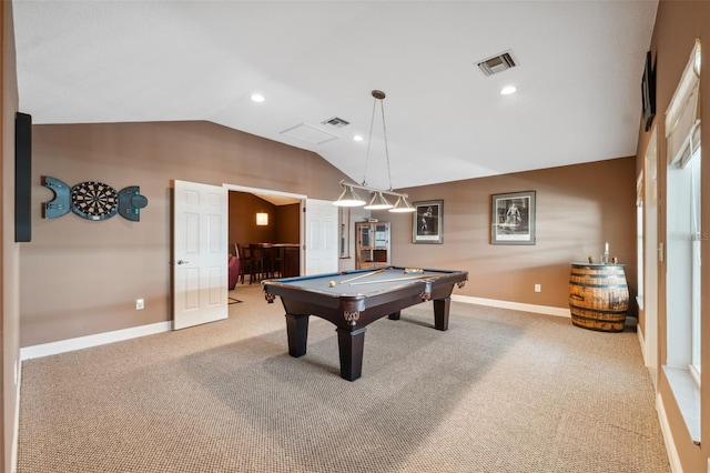 3243 Stonegate Falls Dr, Land O Lakes, FL 34638 - playroom with vaulted ceiling, carpet flooring, baseboards, billiards table, and recessed lighting