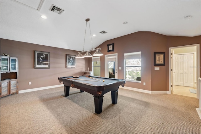 3243 Stonegate Falls Dr, Land O Lakes, FL 34638 - rec room with light colored carpet, lofted ceiling, baseboards, billiards table, and recessed lighting