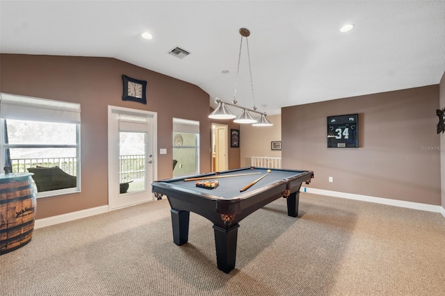 3243 Stonegate Falls Dr, Land O Lakes, FL 34638 - playroom with vaulted ceiling, carpet floors, billiards, baseboards, and recessed lighting