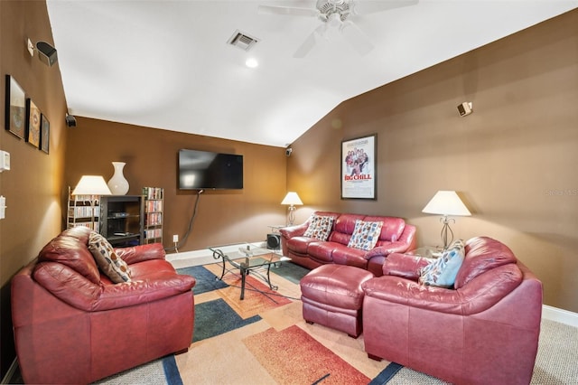 3243 Stonegate Falls Dr, Land O Lakes, FL 34638 - living room featuring carpet floors, lofted ceiling, a ceiling fan, and baseboards