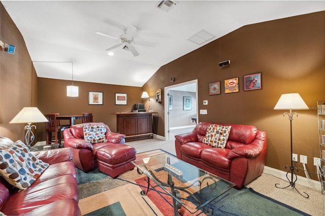 3243 Stonegate Falls Dr, Land O Lakes, FL 34638 - living room featuring lofted ceiling, carpet, ceiling fan, and baseboards