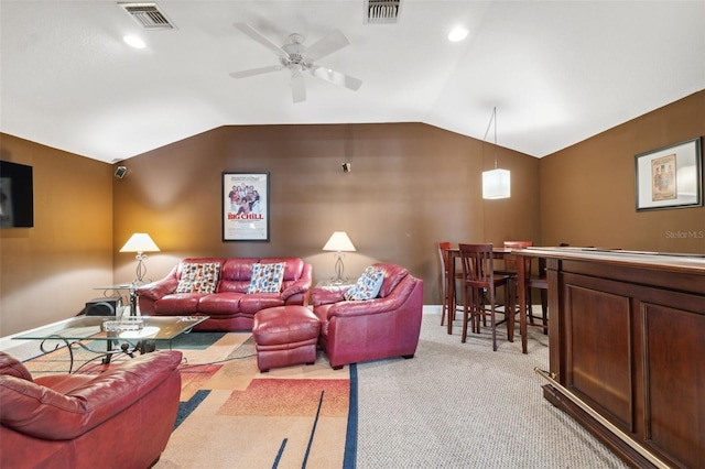 3243 Stonegate Falls Dr, Land O Lakes, FL 34638 - living area with vaulted ceiling, ceiling fan, light colored carpet, and baseboards