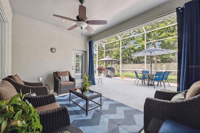 3243 Stonegate Falls Dr, Land O Lakes, FL 34638 - view of patio featuring an outdoor hangout area, outdoor dining area, and a ceiling fan