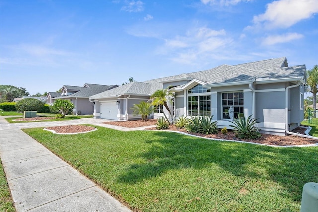 ranch-style home featuring stucco siding, an attached garage, a front lawn, concrete driveway, and a shingled roof