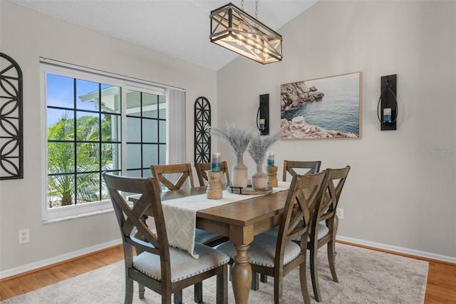 dining room with lofted ceiling, healthy amount of natural light, wood finished floors, and baseboards