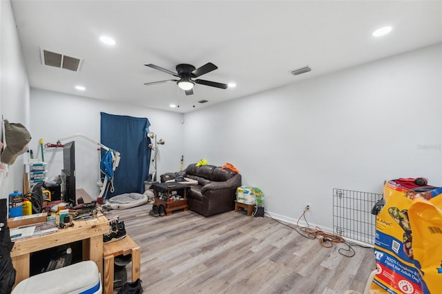 4737 6th St, Zephyrhills, FL 33542 - rec room featuring a ceiling fan, wood finished floors, and recessed lighting
