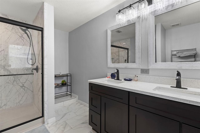12055 Colony Lakes Blvd, New Port Richey, FL 34654 - bathroom featuring marble look tile flooring, a marble finish shower, double vanity, and baseboards
