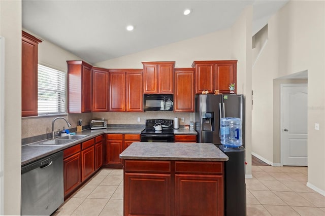 12055 Colony Lakes Blvd, New Port Richey, FL 34654 - kitchen featuring black appliances, a sink, reddish brown cabinets, light tile patterned flooring, and recessed lighting
