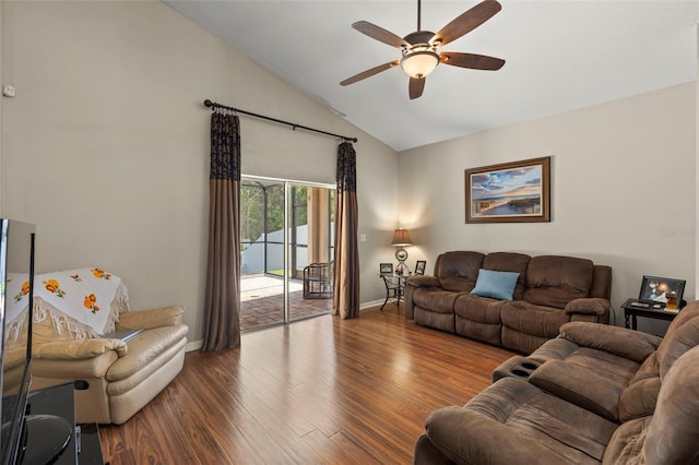 12055 Colony Lakes Blvd, New Port Richey, FL 34654 - living room featuring a ceiling fan, baseboards, wood finished floors, and high vaulted ceiling