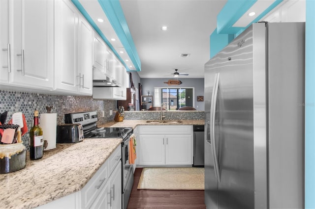 9407 Burnam Dr, Weeki Wachee, FL 34613 - kitchen with appliances with stainless steel finishes, a sink, dark wood-type flooring, ceiling fan, and white cabinets