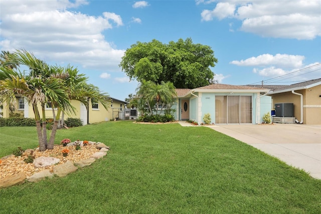 4942 Blue Heron Dr, New Port Richey, FL 34652 - ranch-style home with concrete driveway, a front yard, stucco siding, and a garage