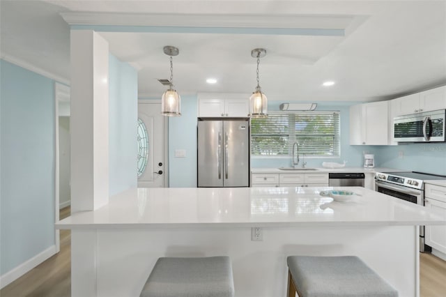 4942 Blue Heron Dr, New Port Richey, FL 34652 - kitchen with appliances with stainless steel finishes, a sink, a kitchen breakfast bar, light wood-type flooring, and recessed lighting