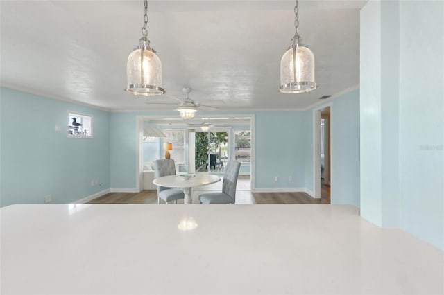 4942 Blue Heron Dr, New Port Richey, FL 34652 - dining room with a ceiling fan, wood finished floors, and baseboards