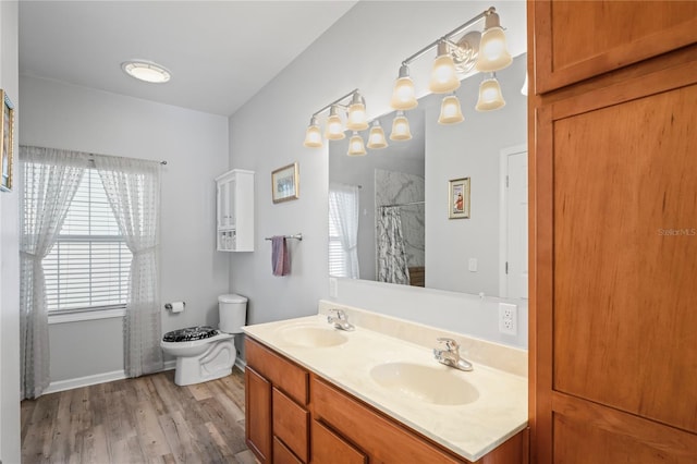 15613 Charmwood Dr, Hudson, FL 34667 - bathroom with double vanity, wood finished floors, toilet, and a shower with shower curtain