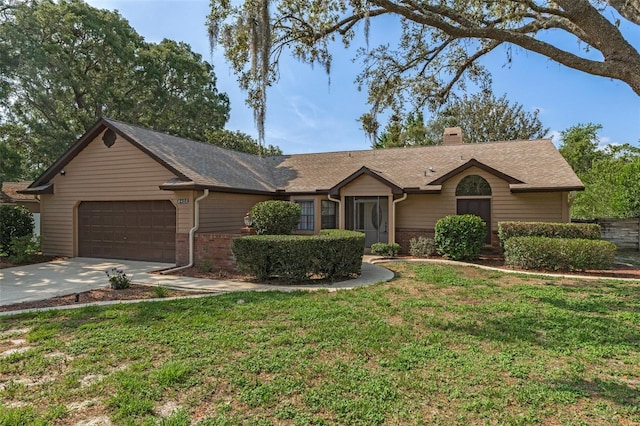 8402 Lake Hill Ct, Spring Hill, FL 34608 - single story home with a garage, a chimney, a front yard, concrete driveway, and roof with shingles