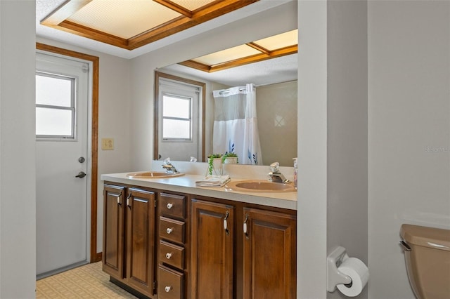 8402 Lake Hill Ct, Spring Hill, FL 34608 - full bath with toilet, double vanity, a shower with shower curtain, and tile patterned floors