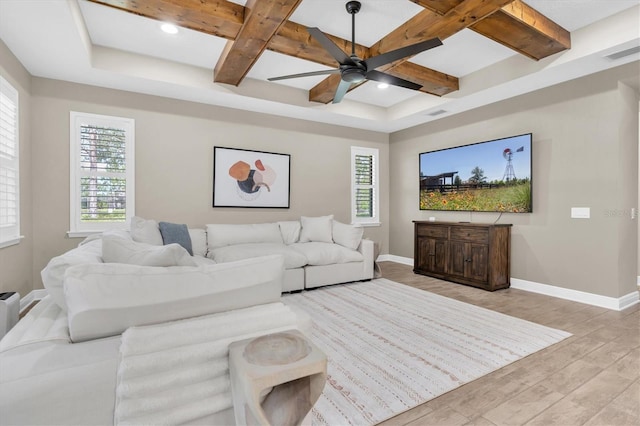 12420 Rangeland Blvd, Odessa, FL 33556 - living area featuring coffered ceiling, light wood-type flooring, a ceiling fan, baseboards, and beamed ceiling