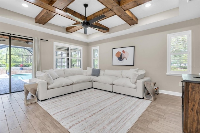 12420 Rangeland Blvd, Odessa, FL 33556 - living room featuring coffered ceiling, ceiling fan, plenty of natural light, baseboards, and light wood finished floors
