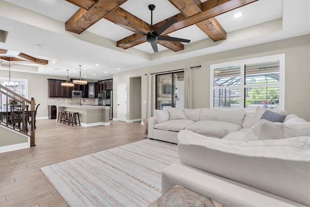 12420 Rangeland Blvd, Odessa, FL 33556 - living room with coffered ceiling, a chandelier, healthy amount of natural light, light wood finished floors, and a ceiling fan