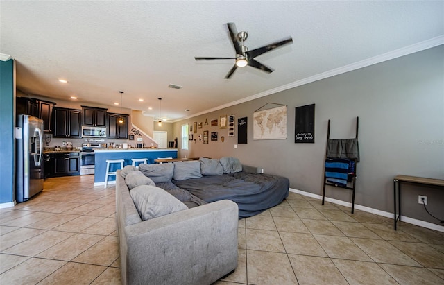 14008 Lugano Ct, Hudson, FL 34669 - living room with light tile patterned floors, a ceiling fan, ornamental molding, baseboards, and recessed lighting