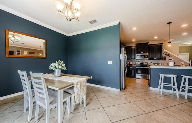 14008 Lugano Ct, Hudson, FL 34669 - dining space with a chandelier, crown molding, baseboards, light tile patterned floors, and recessed lighting