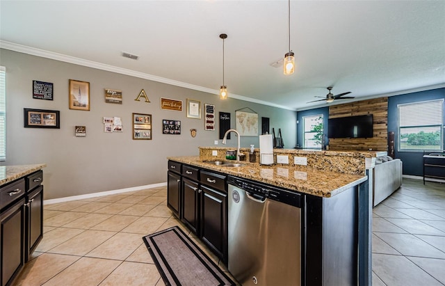 14008 Lugano Ct, Hudson, FL 34669 - kitchen featuring dishwasher, a sink, open floor plan, light tile patterned floors, and crown molding