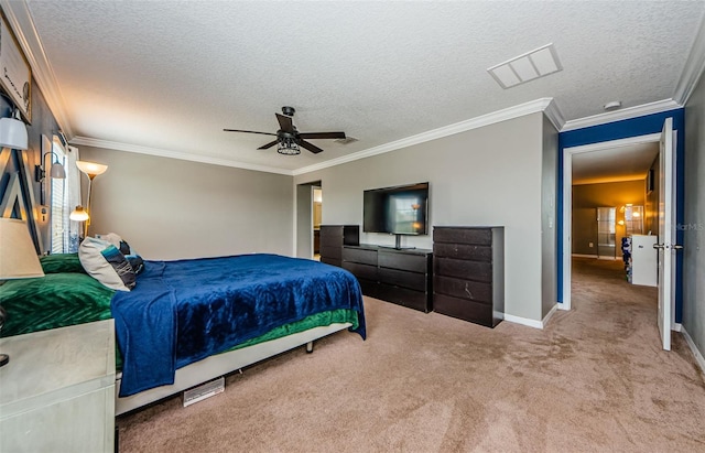 14008 Lugano Ct, Hudson, FL 34669 - carpeted bedroom with a textured ceiling, crown molding, baseboards, and a ceiling fan