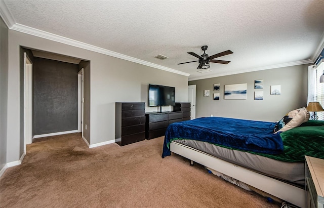 14008 Lugano Ct, Hudson, FL 34669 - carpeted bedroom featuring crown molding, a textured ceiling, baseboards, and ceiling fan