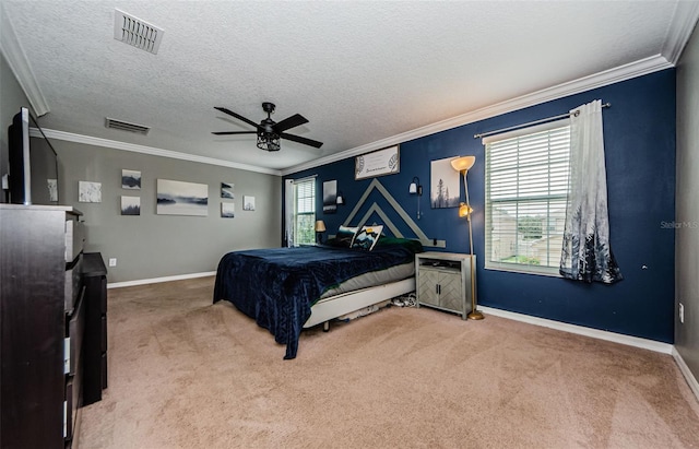 14008 Lugano Ct, Hudson, FL 34669 - carpeted bedroom featuring crown molding, baseboards, a textured ceiling, and ceiling fan