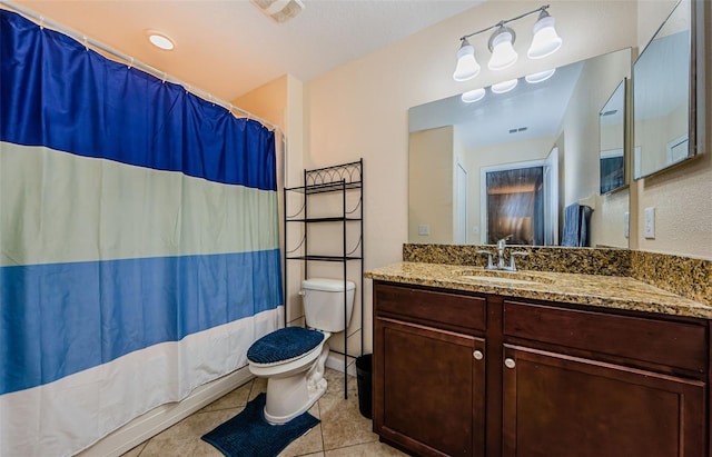 14008 Lugano Ct, Hudson, FL 34669 - bathroom featuring toilet, vanity, tile patterned floors, and curtained shower