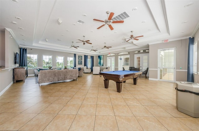 14008 Lugano Ct, Hudson, FL 34669 - game room featuring a raised ceiling, ornamental molding, light tile patterned floors, and pool table