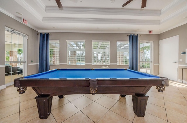14008 Lugano Ct, Hudson, FL 34669 - game room with a raised ceiling, pool table, ceiling fan, light tile patterned flooring, and ornamental molding