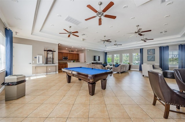 14008 Lugano Ct, Hudson, FL 34669 - rec room with a tray ceiling, crown molding, billiards, and light tile patterned floors