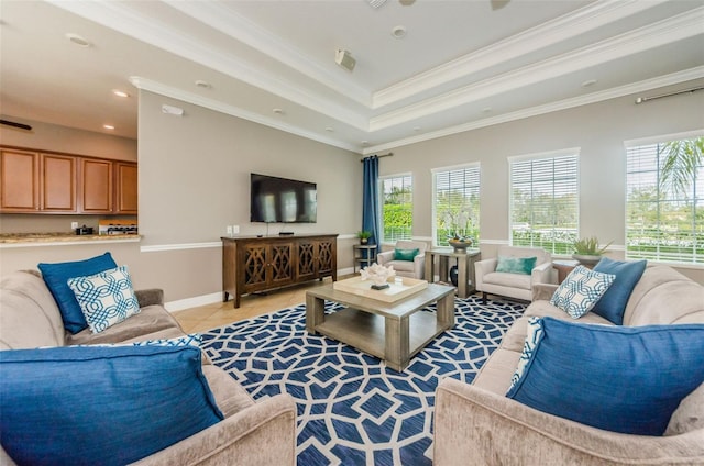 14008 Lugano Ct, Hudson, FL 34669 - living area featuring plenty of natural light, light tile patterned flooring, ceiling fan, crown molding, and recessed lighting