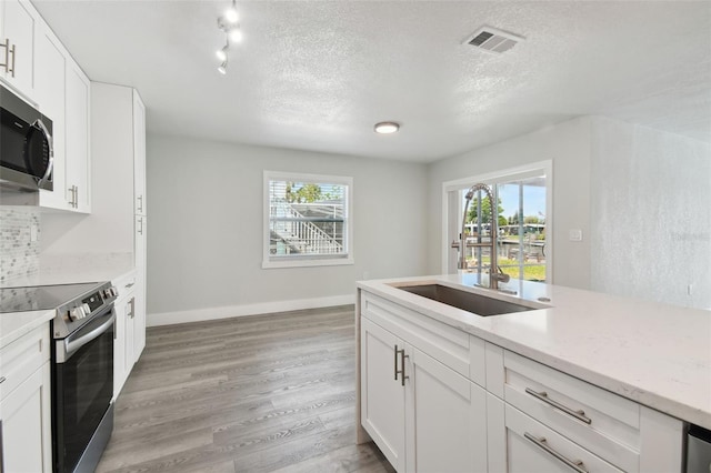 4482 Kingston Dr, Hernando Beach, FL 34607 - kitchen featuring stainless steel appliances, a sink, healthy amount of natural light, light wood-style flooring, and a textured ceiling