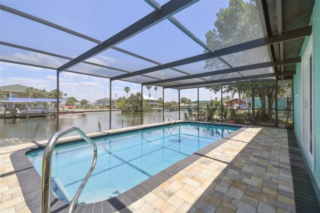 4482 Kingston Dr, Hernando Beach, FL 34607 - outdoor pool with a water view, a patio, and glass enclosure