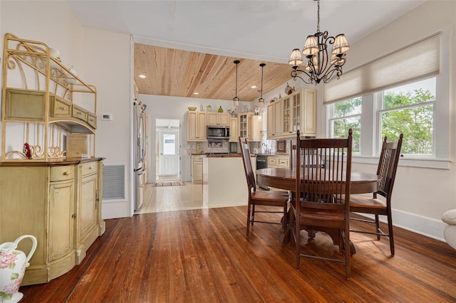 6207 Main St, New Port Richey, FL 34653 - dining room with a chandelier, wood-type flooring, baseboards, and wood ceiling