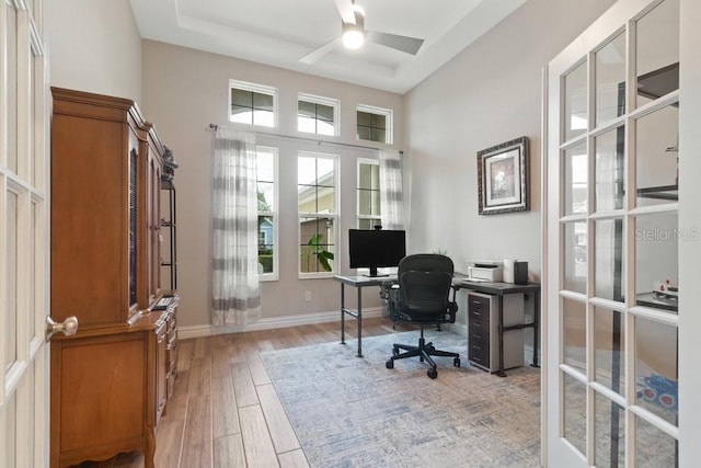 16697 Courtyard Loop, Land O Lakes, FL 34638 - home office with light wood finished floors, french doors, and a ceiling fan