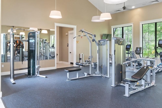 16697 Courtyard Loop, Land O Lakes, FL 34638 - workout area with a towering ceiling and ceiling fan