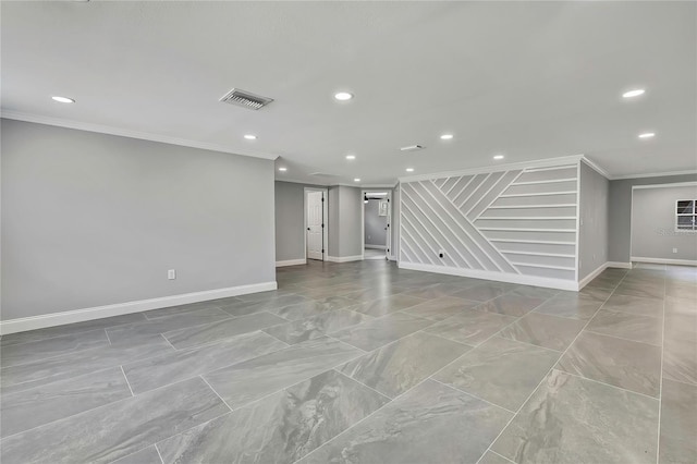 6306 Aberdeen Ave, New Port Richey, FL 34653 - empty room with crown molding, recessed lighting, baseboards, and marble look tile flooring