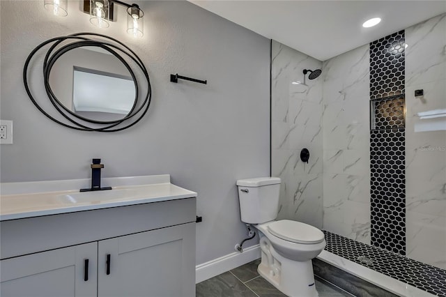 6306 Aberdeen Ave, New Port Richey, FL 34653 - bathroom featuring toilet, vanity, a marble finish shower, and baseboards