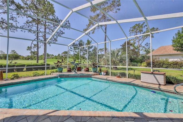 8132 Summersong Ct, Spring Hill, FL 34606 - swimming pool with glass enclosure, a patio, and view of golf course