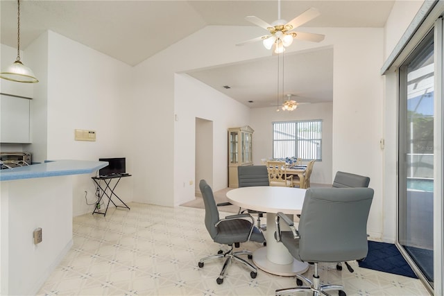 5423 Abagail Dr, Spring Hill, FL 34608 - dining room featuring ceiling fan, vaulted ceiling, and light flooring