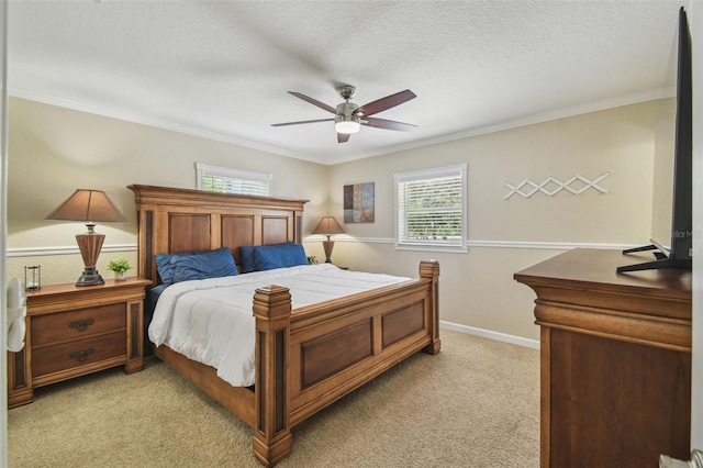 10301 Nina Ct, New Port Richey, FL 34654 - bedroom featuring ornamental molding, light carpet, baseboards, a ceiling fan, and a textured ceiling