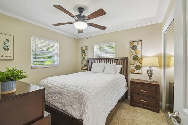 10301 Nina Ct, New Port Richey, FL 34654 - bedroom with multiple windows, crown molding, light carpet, and a ceiling fan